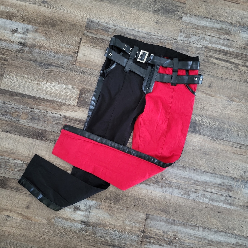 Heartless Goth Punk Pants Red Black Buckle Strap Alt Festival Tripp Style 34